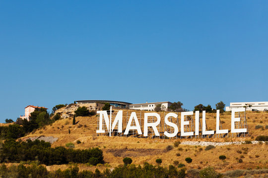 Marseille landscape and its sign in white letters