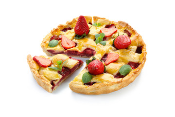 Tasty strawberry pie on white background