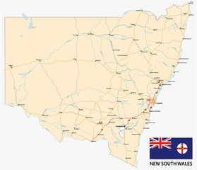 Obraz premium Road map of the Australian state New South Wales map with flag
