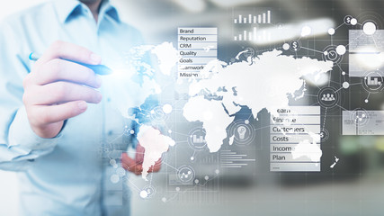 Business and marketing strategy dashboard, Data analysis control panel on virtual screen.