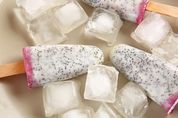 Tasty ice cream on plate, closeup
