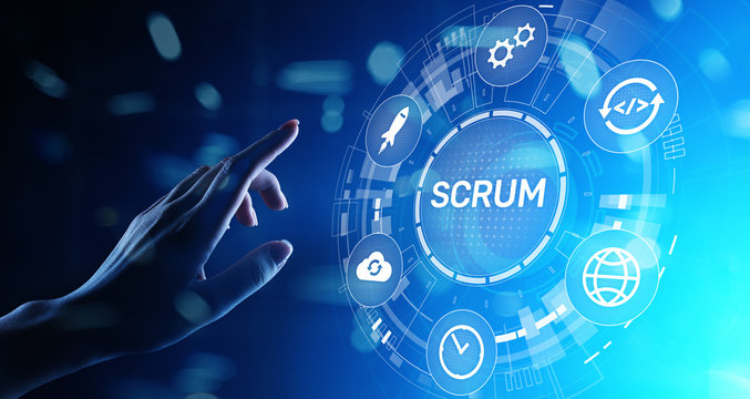 SCRUM, Agile development methodology, programming and application design technology concept on virtual screen.