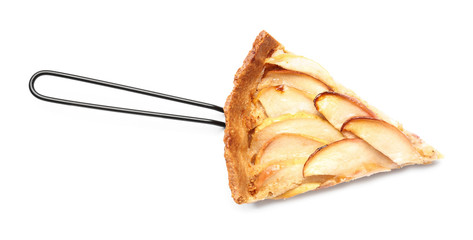 Piece of tasty apple pie on white background