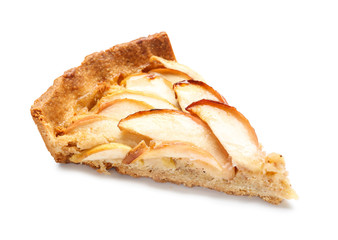 Piece of tasty apple pie on white background