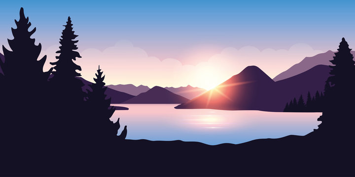 big river and forest nature landscape at sunrise in purple colors vector illustration EPS10