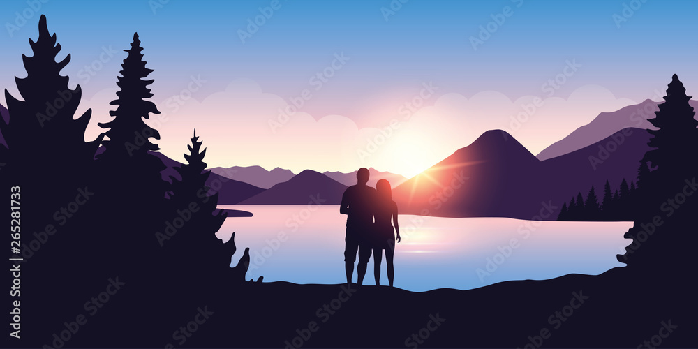 Wall mural young couple by the river enjoy the forest nature landscape at sunrise vector illustration eps10