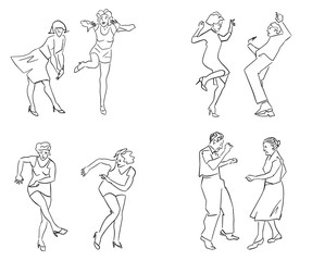 Fototapeta na wymiar Set of dancing people. Black graphic contour. Male and female silhouette. Retro style. Hand drawn illustration. Vector sketch.