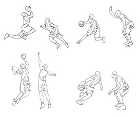 Fototapeta na wymiar Set of basketball players with a ball. Black contour. Isolated silhouettes. Abstract drawing. Active pose. Hand drawn sketch. Vector outline. Sport illustration.