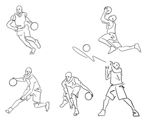 Set of basketball players with a ball. Black contour. Isolated silhouettes. Abstract drawing. Active pose. Hand drawn sketch. Vector outline. Sport illustration.