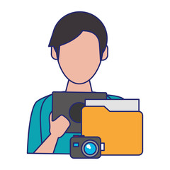 man using tablet with documents and camera blue lines