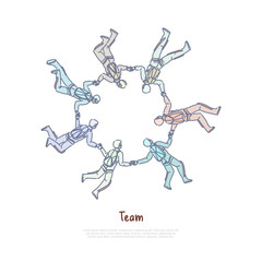 Parachuting group, friends holding hands in free falling, active recreation, team building exercise, skydiving class banner