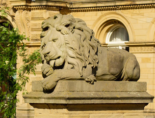Peace: Thomas Milnes' lion sculptures - Determination, Vigilance, War and Peace - were intended for Trafalgar Square but Titus Salt had them installed at Saltaire