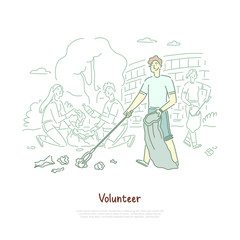 Young man with disposal bag cleaning trash, environment protection, volunteering, waste reuse, recycling banner