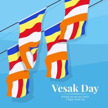fly the buddhist flag on blue background  in vesak day banner vector design
