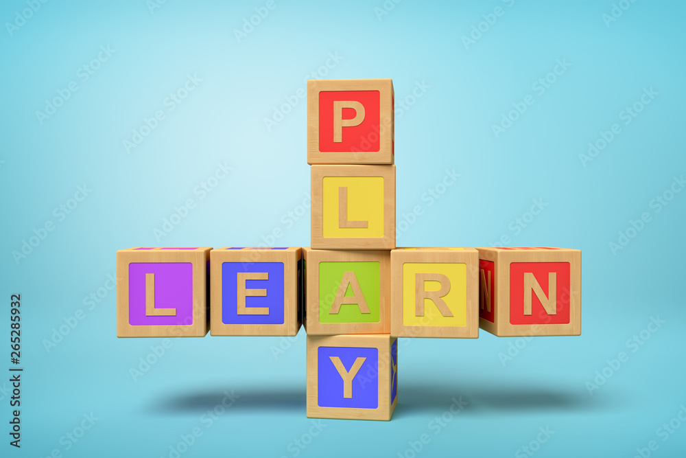 Poster 3d rendering of colorful alphabet toy blocks making learn and play signs on blue background