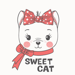 Cute cartoon kitty girl face with bow. Sweet Cat slogan. Vector illustration design for t-shirt graphics, fashion prints, slogan tees