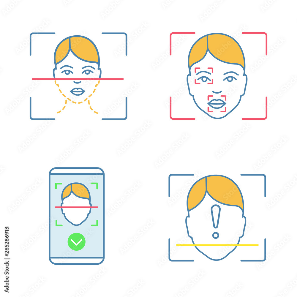 Poster facial recognition color icons set