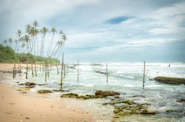 Sri Lanka stilts fishermen sticks in a windy day