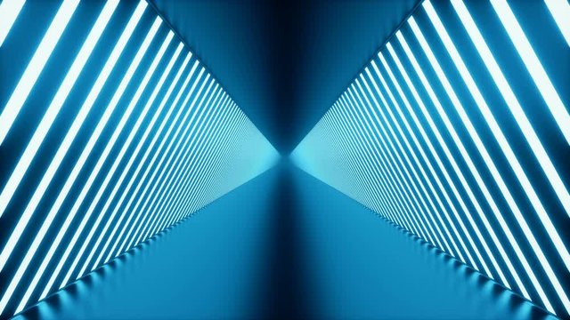 3D looped animation, seamless abstract futuristic blue room corridor, tunnel with neon lights. Fluorescent lamps, glowing light. Futuristic architecture background. Loop-able seamless 4K animation.