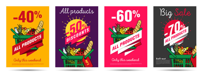 Set of posters for grocery food store with shopping basket illustration