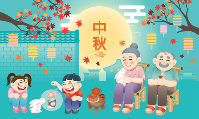 Oriental senior couple celebrating Mid Autumn Festival with their grand children. Chinese word means happy Mid Autumn Festival.