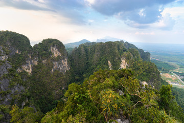 The view from the height on jungle and mountains covered with tropical greenery and trees in Asian nature