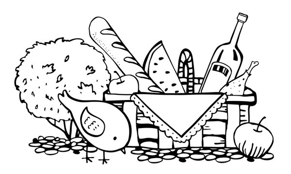 Picnic basket with food on the ground with bird and bush. Outline vector sketch illustration black on white background