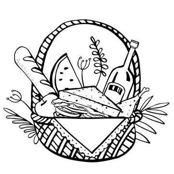 Picnic basket with food and flowers on the background. Outline vector sketch illustration black on white background