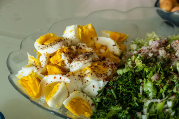 egg salad for breakfast, turkish breakfast table, healthy breakfast table,