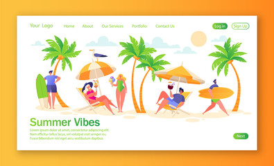 Concept of landing page on summer vacation theme. Outdoor activity and rest on the beach. Active characters relaxing on sun loungers and drinking cocktails, sunbathing and go surfing.