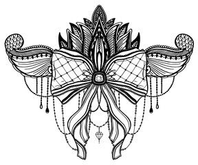 Gothic bow and lotus flower tattoo motif. Black color graphic in white background.