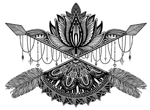 Arrow crossing amulet in ethical and mandala and lotus in style tattoo.Black color graphic in white background.