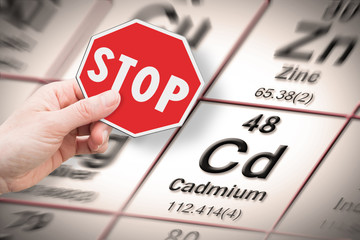 Stop heavy metals - Concept image with hand holding a stop sign against a cadmium chemical element...