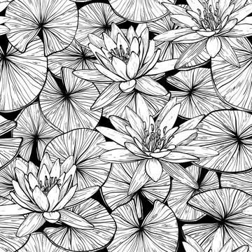 Seamless pattern with water lilies. Black and white