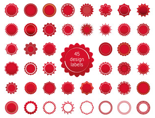 Set of red labels. Circular shapes. Template tags for discounts and other.