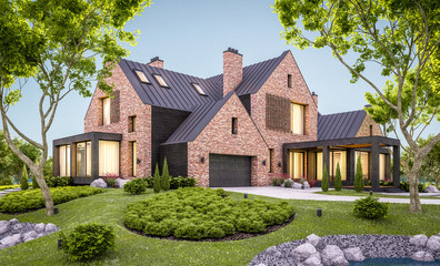 3d rendering of modern cozy clinker house on the ponds with garage and pool for sale or rent with beautiful landscaping on background. Clear summer evening with cozy light from window