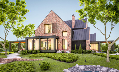 3d rendering of modern cozy clinker house on the ponds with garage and pool for sale or rent with beautiful landscaping on background. Clear summer evening with cozy light from window