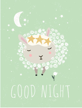 Cute wall interior poster, card or picture for the children's room. Vector drawn illustration of an animal lamb or ram with the inscription "Good night". Drawing in the nursery.