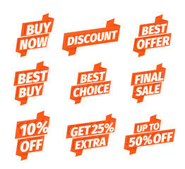 Sale offers set. Best choice buy. Advertising promotion set. 3d letters on a red ribbon. Special offer slogan, super call for purchases. Vector color Illustration text marketing.