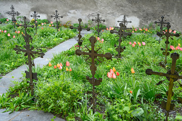 Fototapeta premium Schmiedeiserne Kreuze auf dem Kapuzinerfriedhof, Wesemlin, Luzern, Schweiz