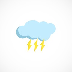 Modern vector illustration of the clouds and lightning. Flat forecast icon of a rainy weather. Meteorological symbol of storm isolated on white background..