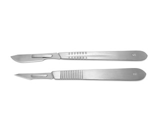 Clipping path of stainless steel scalpel handle with sharpen blade in surgical equipment isolated...