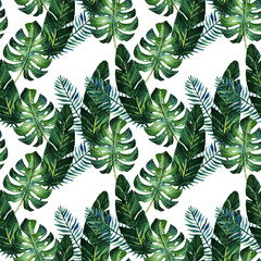 Watercolor illustration.Tropical summer, Different leaves. Background white. Postcard for you, set, handmade, seamless pattern, light  background