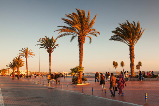Promenade at the beach of Agadir at sunset, Southern Morocco, Morocco