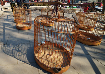 Bamboo cages at bird street market in China.