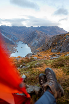 Wild camping on the top of Sgurr Na Stri looking towards Loch Coruisk and the main Cuillin ridge, Isle of Skye, Inner Hebrides, Scotland