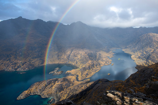 A rainbow above Loch Coruisk and the main Cuillin ridge seen from the top of Sgurr Na Stri on the Isle of Skye, Inner Hebrides, Scotland