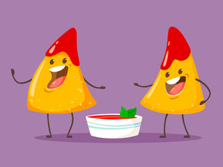 Funny characters Nachos with tomato salsa sauce. Nice mexican food. Vector illustration