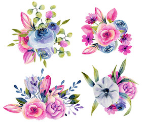 Collection of isolated watercolor bouquets of anemones, roses and peonies, hand painted illustration on a white background