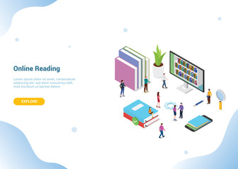 isometric 3d online reading concept with books or ebooks for website template banner or landing homepage - vector